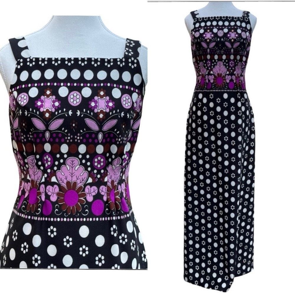 Vintage 60s Polka Dot Floral Maxi Dress Jacket Set Mod Sleeveless Purple White 8